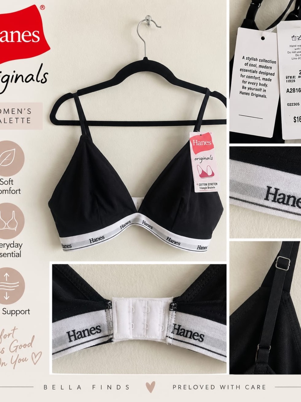 Hanes Black Triangle Bralette with White Branded Band